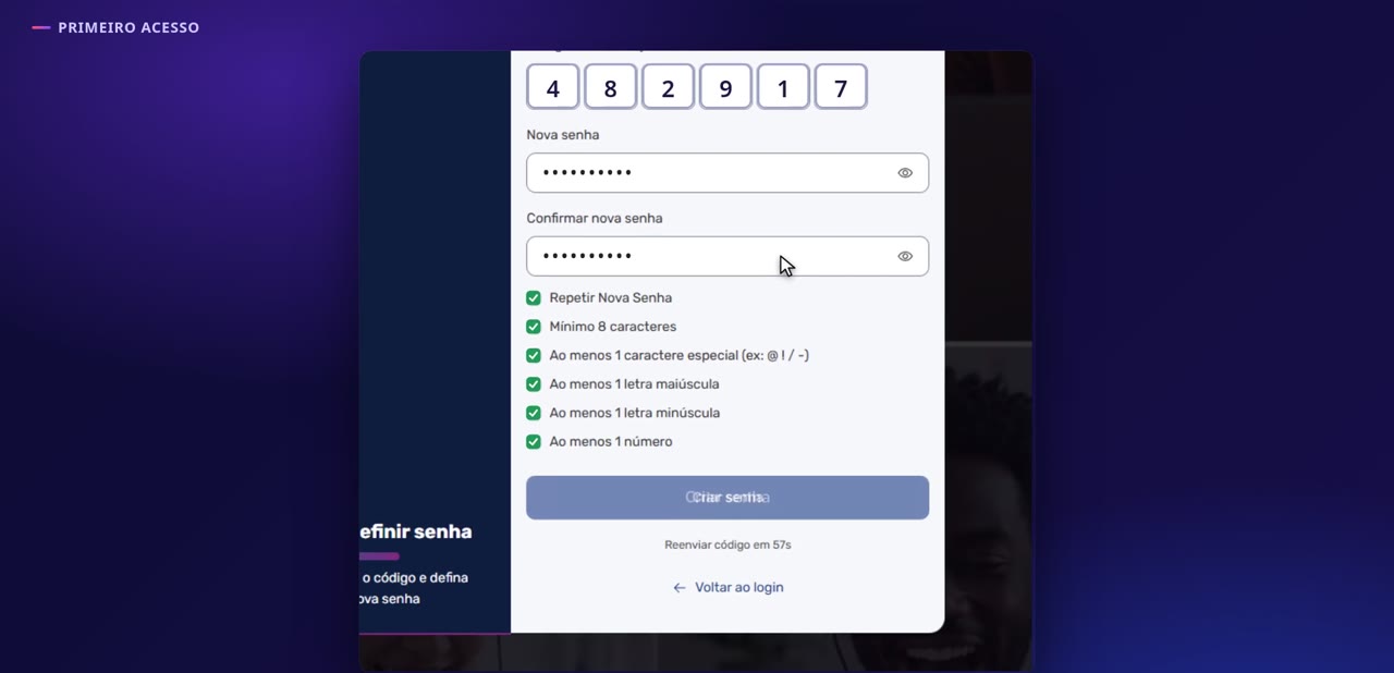 Cole o código de 6 dígitos, crie uma senha seguindo as regras e clique em “Criar senha”.