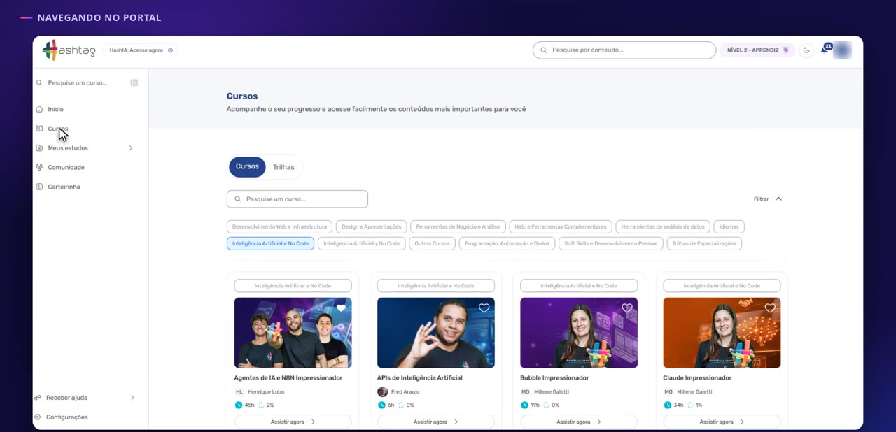 Em “Cursos”, escolha a categoria “Inteligência Artificial e No Code” para ver só os cursos de IA.